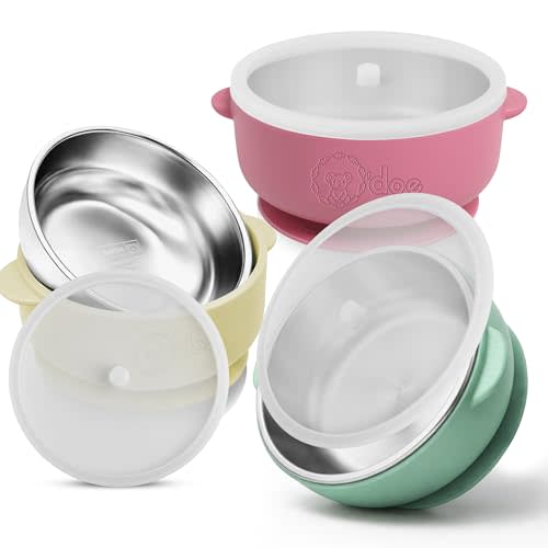 o'doe Suction Bowls for Baby - Non-Toxic Stainless Steel Baby Bowls 5" with Non-Slip Removable Silicone Shell - BPA-Free Toddler Bowls (Green + Rose + Beige)