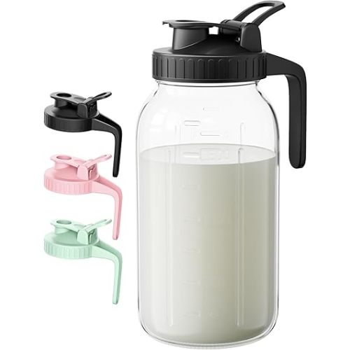 64oz Breast Milk Pitcher - 2 Qurat Glass Mason Jar with Lid and Pour Spout - 100% Airtight Leakproof Water Jugs for Iced Sun Tea, Juice, Cold Coffee, Breastmilk Storage Container - Black