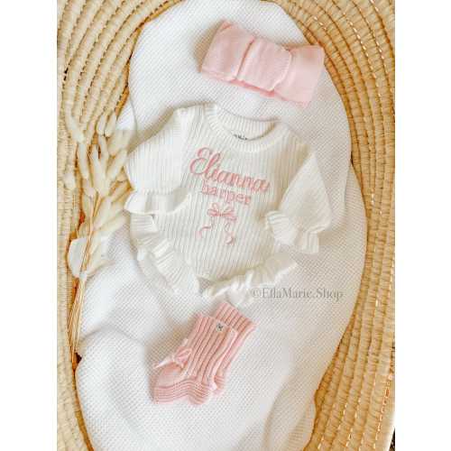 Baby Girl Ruffle Romper, embroidered name, newborn coming home outfit, personalized custom keepsake, chunky knit sweater romper, she’s here