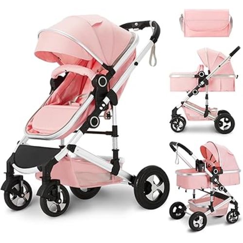 Kinder King 2 in 1 Convertible Baby Stroller, Folding High Landscape Infant Carriage, Newborn Reversible Bassinet Pram, Adjustable Canopy, Diaper Bag, Pink