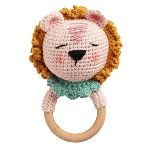Chippi & Co Wooden Crochet Baby Rattle, Crochet Toys Stuffed Animals Easter Gifts for Kids, Wooden Newborn Toys, Easter Basket Stuffers, Basket Filler, Baby Shower Decor (Rory The Sleepy Lion)