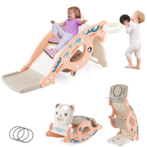 Gymax 4-in-1 Kids Slide Rocking Toy Slide Rocking Horse w/Basketball Hoop Rings Pink