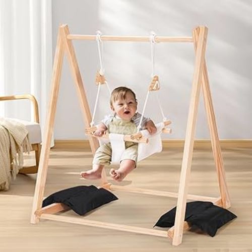 Wooden Swing Set for Toddler 6-36 Month, Foldable Baby Swing with Stand & 2 Sandbags, Kid Swing for Indoor Outdoor Backyard, Pine Wood