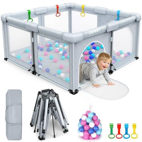 OCATO Baby Playpen: Foldable Playpen for Babies and Toddlers Large Play Pen Portable Playpen Fence Indoor Outdoor Kids Safety Area Travel Play Yard with 1 Storage Bag 4 Handlers 50 Balls (50" × 50")