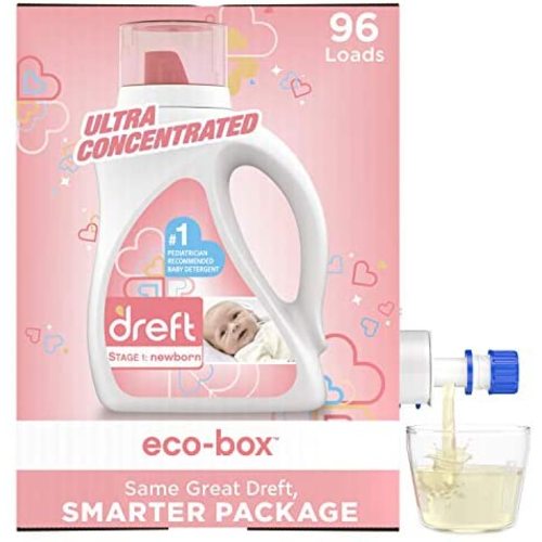 Dreft Stage 1: Baby Laundry Detergent Liquid Soap Eco-Box, Natural for Newborn, or Infant, Ultra Concentrated HE, 96 Loads - Unscented and Hypoallergenic for Sensitive Skin
