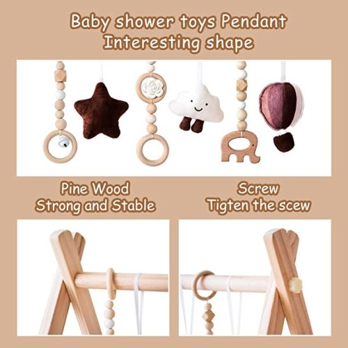 Wooden Baby Play Gym with Mat, Foldable Baby Play Gym Frame Activity Gym Hanging Bar with 5 Gym Baby Toys Rainbow Playmats Gift for Newborn Baby (Natural) - Natural Baby Gym