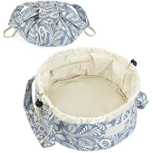 Barrel Drawstring Makeup Bag Large Cosmetic Bag Make up Bags Toiletry Organizer for Women (Blue Leaf) (Patent)