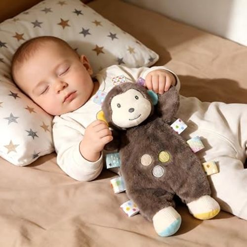 CREVENT Cozy Plush Baby Animal Head Security Blanket, Soft Monkey Lovey with Crinkle Arms for Baby Girls & Boys Birthday Gift
