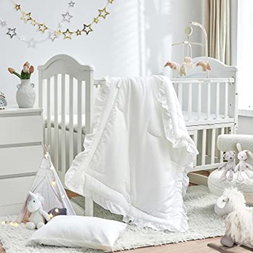 3 Pieces Crib Bedding Set Baby Ruffle Quilted Comforter with Fitted Sheet and Pillow - Cute Ruffled Shabby Chic Bedding Soft Blanket Design White