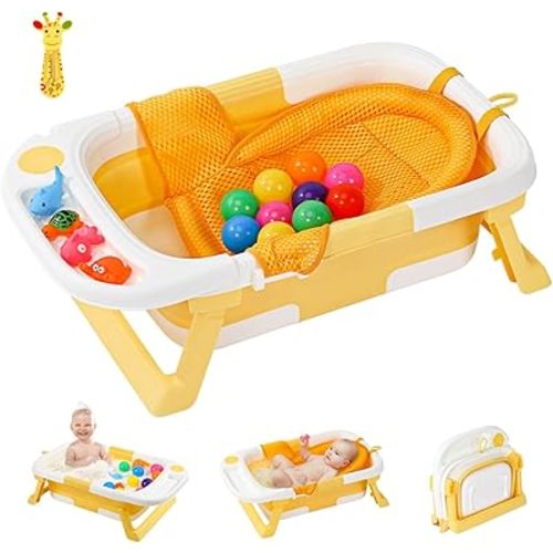 Zooawa Baby Bathtub, Collapsible Infants Bath Tub for Newborns &Toddler, Portable Travel Bathtub with Thermometer,Soft Cushion,Bath Toy Set,No-Slip Safety Foldable Bathtub for 6-24 Month Babies,Yellow