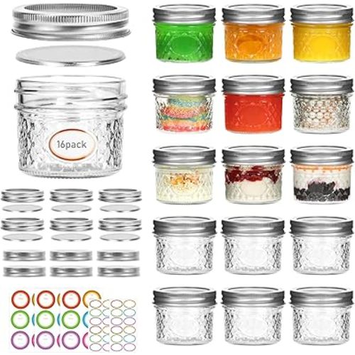 4 oz Small Mason Jars, 16 Pack Mini Jars, With 2 Types of Lids - 16 Split-Type and 16 One Piece Lids, Perfect for Dessert and DIY