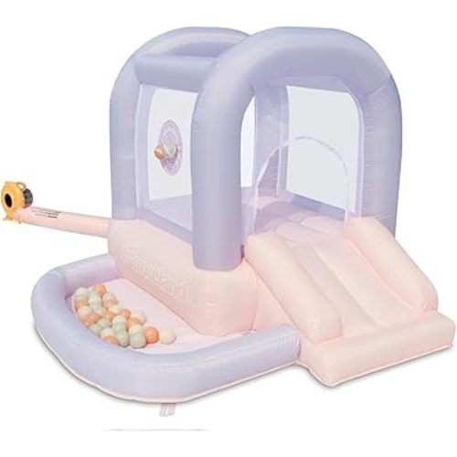 Bounceland Mini Bouncer Cotton Candy with Ball Pit, 6ft L x 6ft W x 4.6ft H inflated Size, UL Blower Included, Basketball Hoop, 30 Pastel Plastic Balls, Trendy Bouncer for Kids