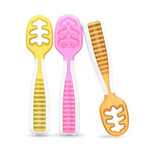 NumNum Baby Spoons Set, Baby Essentials Pre-Spoon GOOtensils for 6+ Months, First Stage Self-Feeding Spoons for Baby Led Weaning (BLW), Silicone Toddler Utensils, BPA-Free, 3 Pack Tropical Paradise