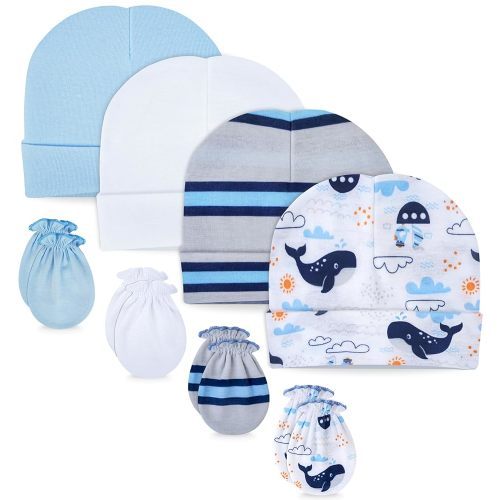 RATIVE No Scratch Mittens and Caps 100% Cotton for Newborn Baby 0-6 Months Boys Girls