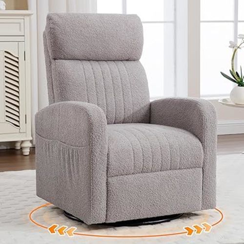 Swivel Glider Nursery Chair, Swivel Rocker Chair for Mom Nursery with High Back, Upholstered Boucle Glider Rocking Nursing Armchair for Living Room,Bedroom, Teddy Grey