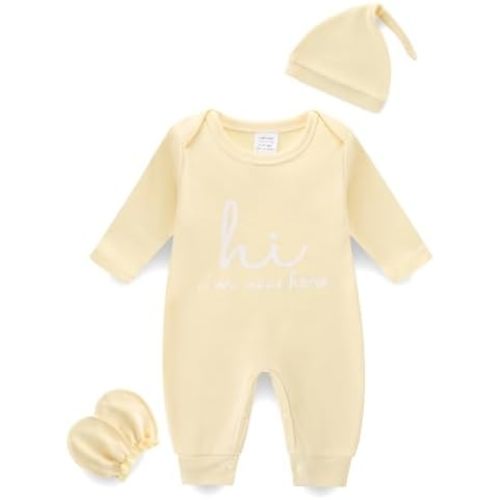 Newborn Romper 3Pcs Unisex Baby Coming Home Outfits Baby Cotton Clothes Set with Mitten and Hat for Boy and Girl