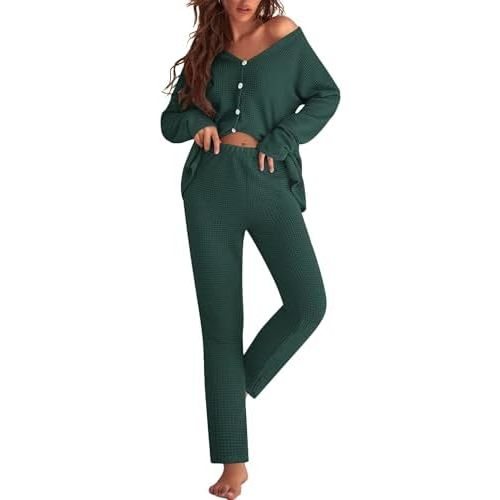 Ekouaer Womens Waffle Knit Pajamas Loungewear Two-piece Sleepwear Button-Down Pj Set with Pockets