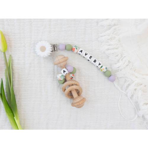 Personalized White flower Pacifier Clip with Matching Rattle Ring, Custom Pacifier Clip, Newborn Baby Shower Gift Sets, Montessori Rattle