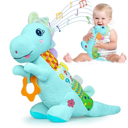 Baby Dino Musical Stuffed Animal Toys for 0-3-6-9-12 Months,Infant Dinosaur Tummy Time Toys with Crinkle Sound Paper,Teether,Textures & Rattles for Newborn Boys Girls Birthday Gifts,Blue