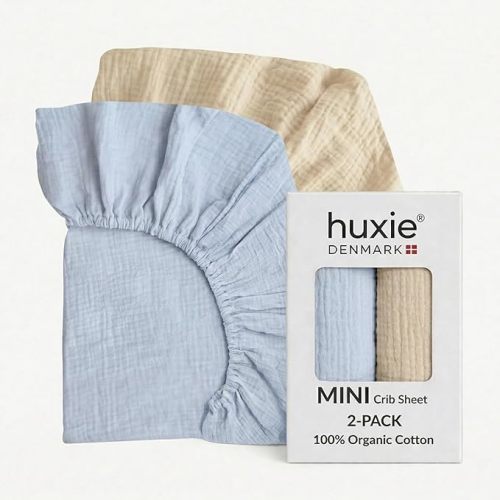 Mini Crib Sheets - Organic Cotton Muslin Fitted MINI 24"x 38" Crib Shee 2-Pack (Baby Blue/Fog)