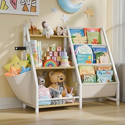 LATIBELL 3 Tier Kids Bookshelf and Toy Storage, Kids Book Sling Shelf, Montessori Baby Toddler Bookshelf for Kids, Kids Bookcase, Toy Storage Organizer, for Playroom, Bedroom, Nursery (Burlywood)