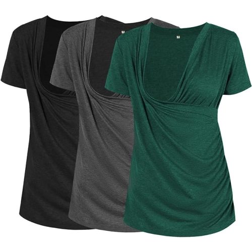 Liu & Qu Women's Maternity Nursing Tops, Layered Wrap for Breastfeeding, V-Neck Short Sleeve Tee Shirts 3 Packs