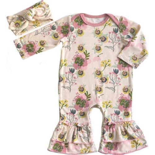 Baby Grey Ruffle Romper & Head Wrap Set, 3-6M