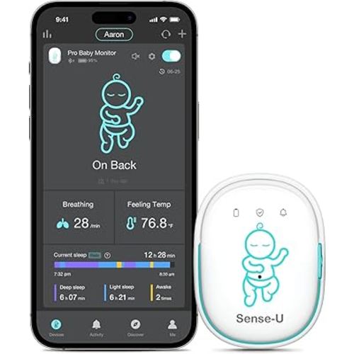 Sense-U Pro Baby Monitor – Breathing Movement, Rollover & Overheating Trackers for Better Sleep, Simple Clip-On Smart Sleep Monitor with Arousal Vibration, Audible Alerts & Sleep Analysis