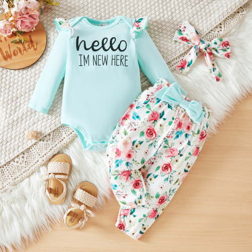 PatPat Baby Girl Clothes Romper and Floral Bell Bottom Pants Set with Headband Purple 0-18 Months