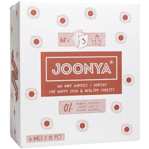 Joonya Baby Diapers, Size 3 M (9-18 lb) - 6 Bags of 28 (168) - **New Range** - NonToxic, Eco-Friendly, Ultra Slim, Overnight Use - Made in Denmark