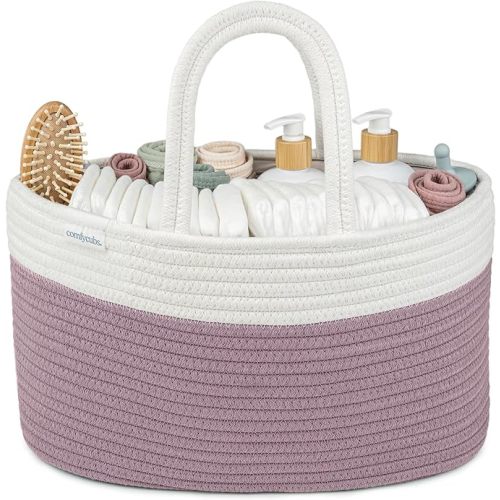 Comfy Cubs Rope Diaper Caddy Organizer 8.5" x 15" x 8" - Large Baby Diaper Basket with 3 Spacious Compartments - Stylish Cotton Baby Caddy Organizer for Diapers, Wipes & Essentials - Mauve