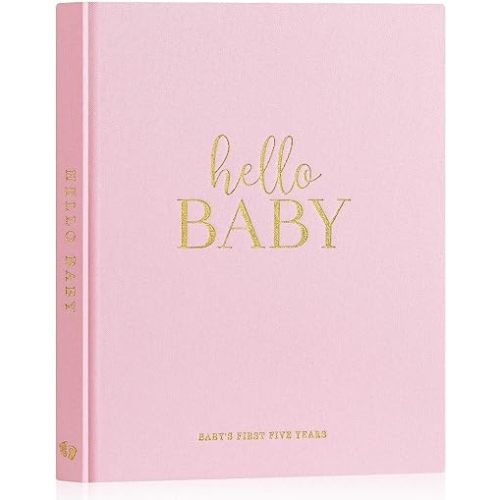 Lanpn Hello Baby First 5 Year Memory Book for Boy Girl - Linen Hardcover Baby Book Keepsake for New Parents - Newborn Baby Journal Scrapbook Photo Album Baby Milestone Book (Pink, 154 Pages)