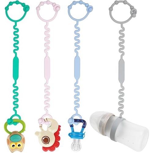 Toy Straps for Baby, Pacifier Holder Clip with Self-Adjusting Bayonet, Pure Silicone Material Without BPA; Can Be Used for Teethers, Feeding Bottles, Toys, Baby Cribs, High Chairs (4 pcs)