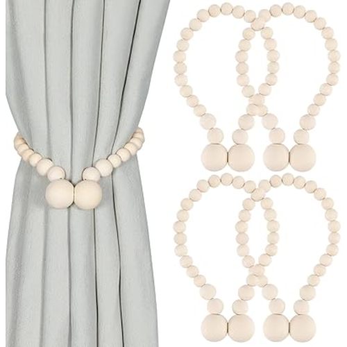 Magnetic Curtain Tiebacks, Curtain Tie Backs for Curtains 4 Pack, Wood Bead Curtain Tiebacks, Curtain Holders for Boho Bedroom Decor, Baby Nursery Decor, Farmhouse Decor