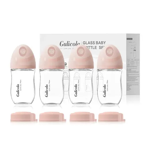 Natural Glass Baby Bottle 4 Pack, Newborn Breastfeeding Bottles Set, Extra Slow Flow Nipples (SS), Anti Colic, 0 Months+, 5 oz - Pink