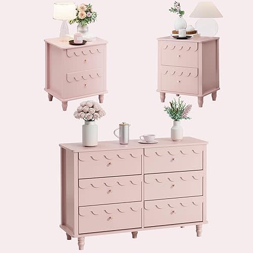 Anbuy Scalloped 6 Drawer Dresser and Night Stand Sets for Bedroom, Two Drawers Nightstand Set of 2 & 6 Drawer Dresser Combo 3 Pieces (Pink)