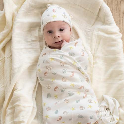 Organic Swaddle Blanket & Hat Set - Coral