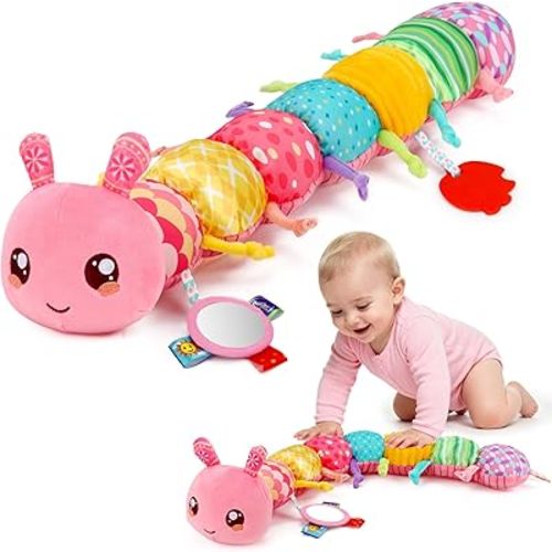 Baby Girls Toys 0-6 Month Music Animal Stuffed Caterpillar Toy for Infant 0-3 3-6 Months with Mirror Crinkle Rattle Tummy Time Sensory Toys for 3 4 5 6-12 Month Old Newborn Baby Shower Birthday Gifts