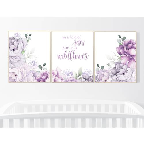 Nursery decor girl purple, floral nursery, flower nursery, peony, peonies, lavender, In a field of roses she is a wildflower, floral nursery