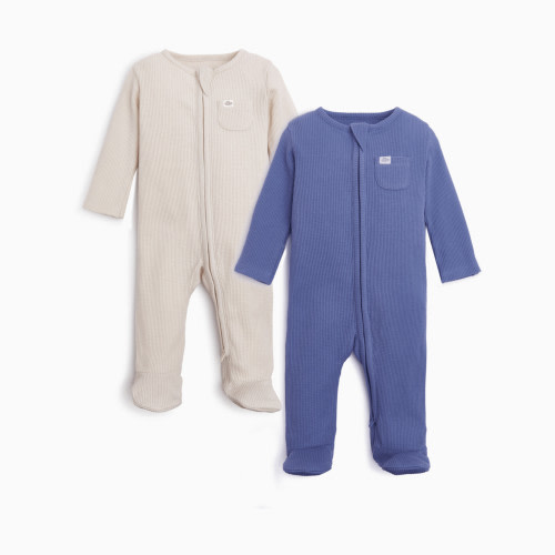 Tiny Kind Organic Waffle Zipper Footie (2 Pack) - Oat/Ocean, 0-3 M