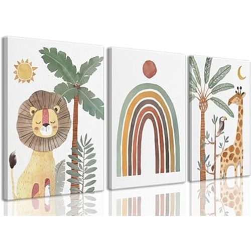 Wodkwq Nursery Wall Art Safari Animal Canvas Prints Girl Boy Baby Room Decor Poster Toddler Room Decoration Boho Rainbow Painting Jungle Pictures Set of 3 for Kids Bedroom Bathroom 12x16in Framed