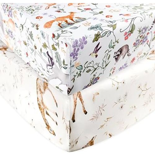 Fitted Crib Sheet 2 Pack, Crib Sheets 28"x 52" for Boys & Girls, Super Soft Breathable Toddler Bed Sheets for Standard Crib & Toddler Bed Mattress, Woodland Animal