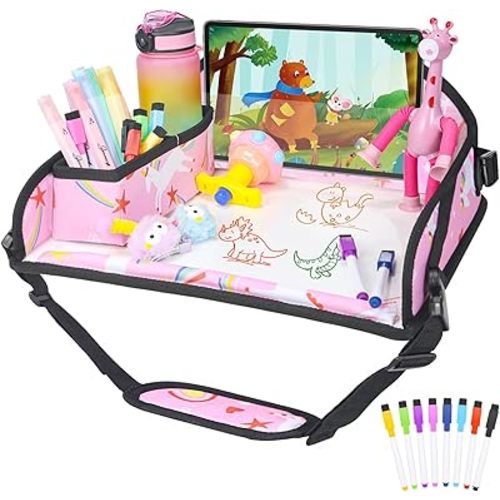 Kids Travel Tray for Car Airplane - Car Seat Tray for Kids Travel, Toddler Carseat Lap Table, Road Trip Essentials, Lap Desk for Kid Roadtrip Activities, Pink Unicorn