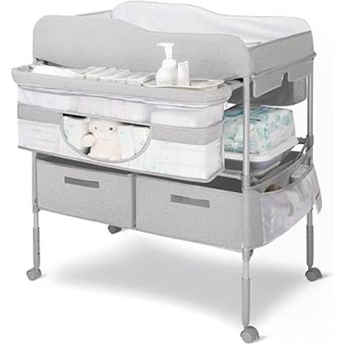 Portable Baby Changing Table with Wheels Adjustable Height and Folding with Waterproof Diaper Changing Table Pad Topper, Mobile Nursery Organizer & Storage Rack for Newborn Essentials (Grey)