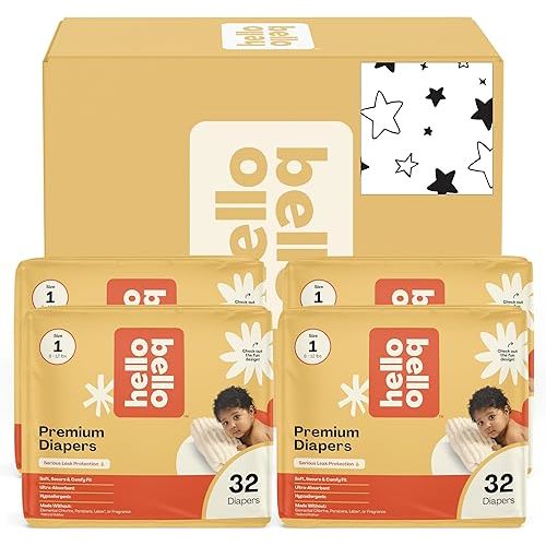 Hello Bello Diapers, Size 1 (8-12 lbs) Superstars - 128 Count Value Pack of Premium Disposable Baby Diapers, Hypoallergenic with Soft, Cloth-Like Feel