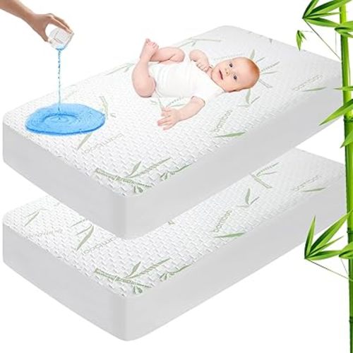 Crib Rayon Made from Bamboo Waterproof Mattress Pad Cover, Soft Breathable Cooling Mattress Pad Cover, Deep Pocket Stretches up to 21” Tightly Fitted Mattress Protection