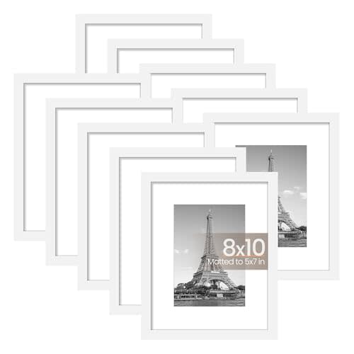 upsimples 8x10 Picture Frame Set of 10, Display Pictures 5x7 with Mat or 8x10 Without, Multi Photo Frames Collage for Wall or Tabletop Display, White