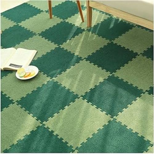 12PCS Soft Interlocking Carpet Tiles 12x12inch Washable EVA Foam Floor Mats Non-Slip Short Plush Puzzle Rug for Bedroom Living Room,11.52 Sq.Ft Coverage (Color:Light Green + Dark Green)
