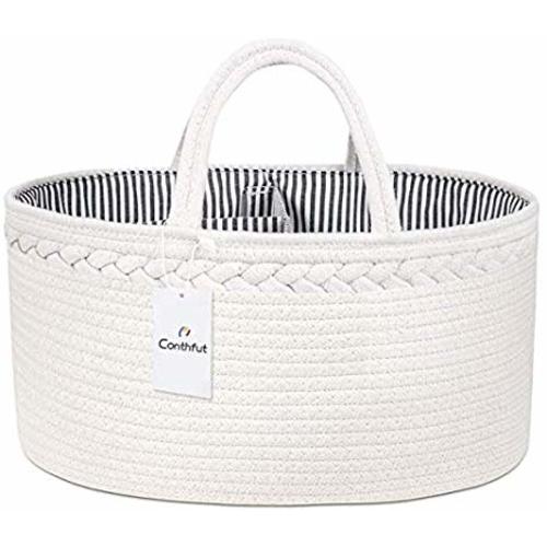 Conthfut Baby Diaper Caddy Organizer 100% Cotton Canvas Stylish Rope Nursery Storage Bin Portable Tote Bag & Car Organizer for Changing Table - Top Baby Shower Basket - White
