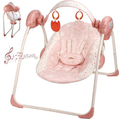 Tiny Marvels Baby Swing for Infants, Portable Infant Swing with 5 Swing Speeds, Soothing Music, Removable Toy Bar, Foldable Design, 5-Point Harness, Newborn to 9 Months, 6-20 lbs(Blush Bloom)